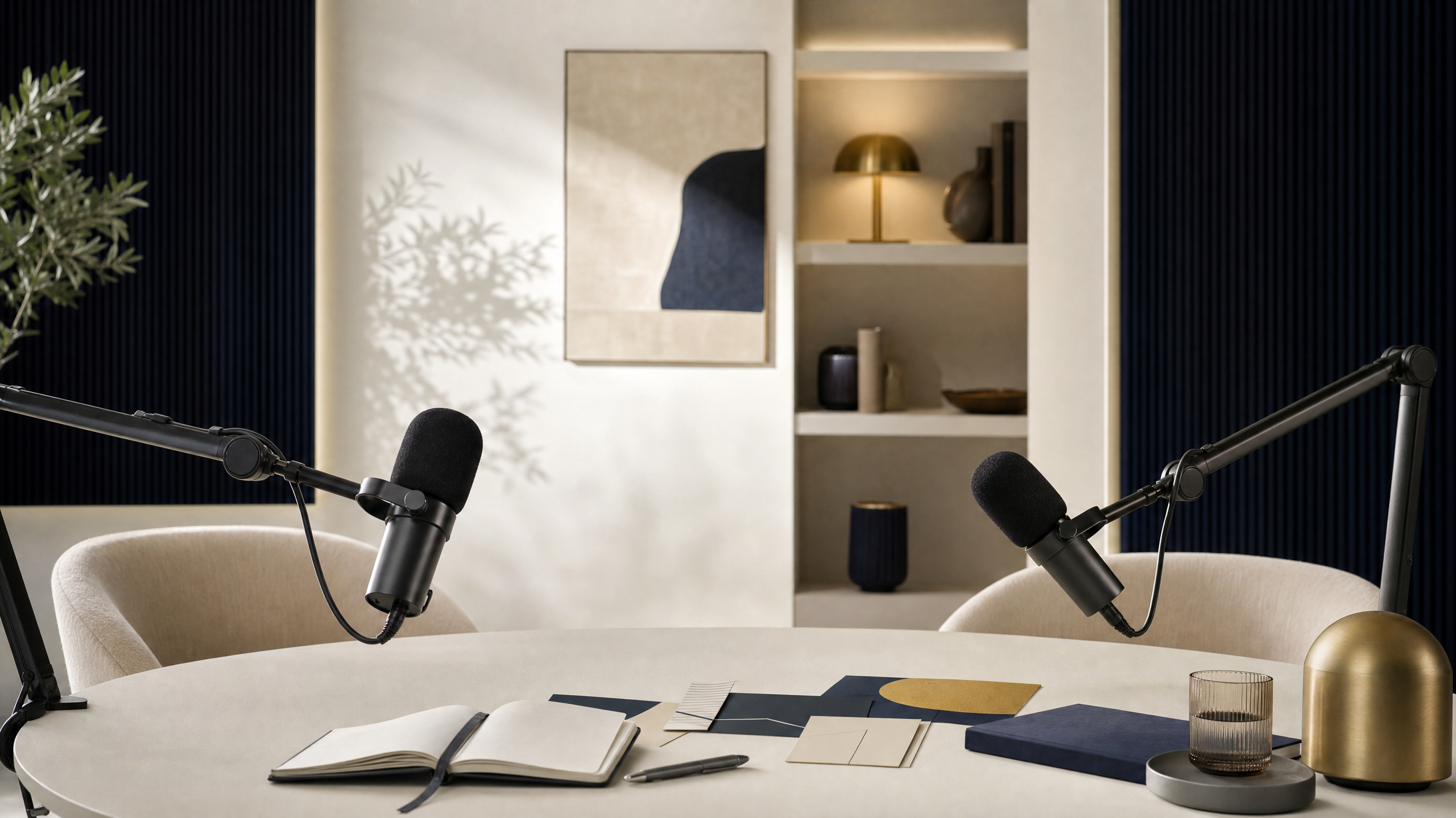 Estúdio abstrato de podcast premium para liderança e pensamento estratégico